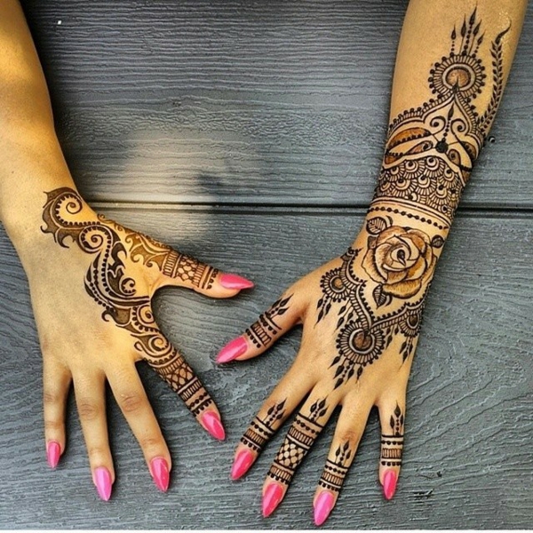 henna pattern hand decoration rosas zarcillos rosa esmalte de uñas