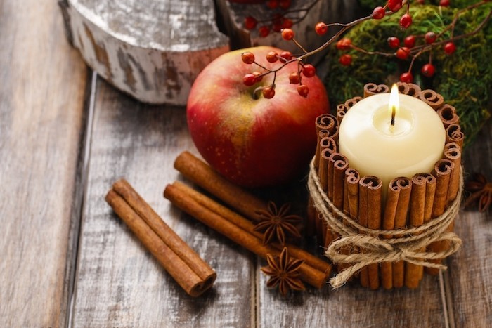 есента декорация на таблицата канела пръчици стълб ябълка звезда анасон парче дърво