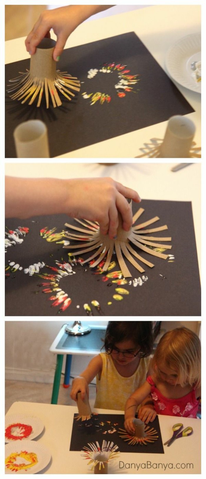 het maken van de herfst met kinderen maakt herfstdecoratie zelf maken met zelfklevende tegelrollen stempelen