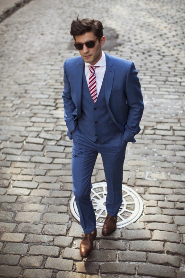 traje de boda para hombre azul lazo raya patrón oblicuo trajes novio
