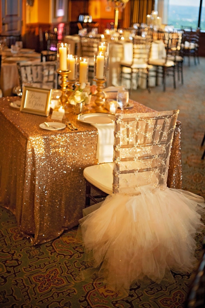 bryllup dekorasjon trender bordduk skinnende gull