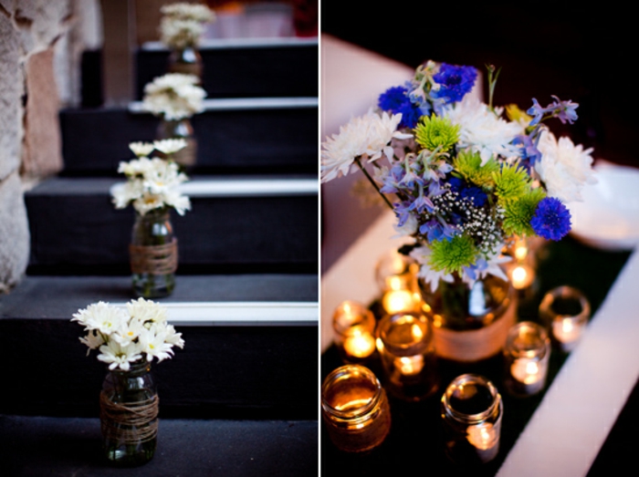 bryllup ideer genanvendelse bæredygtig udsmykning trappe bord dekoration murværk krukker vind lyser vaser