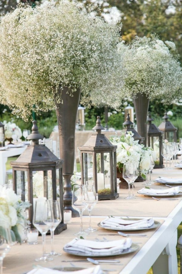 boda mesa decoración filigrana plantas linternas de metal