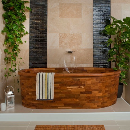 Wooden bathtub modern bathroom mosaic tile wall
