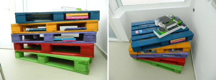 houten pallets meubels diy europalette boekenkast kleurrijk beschilderd