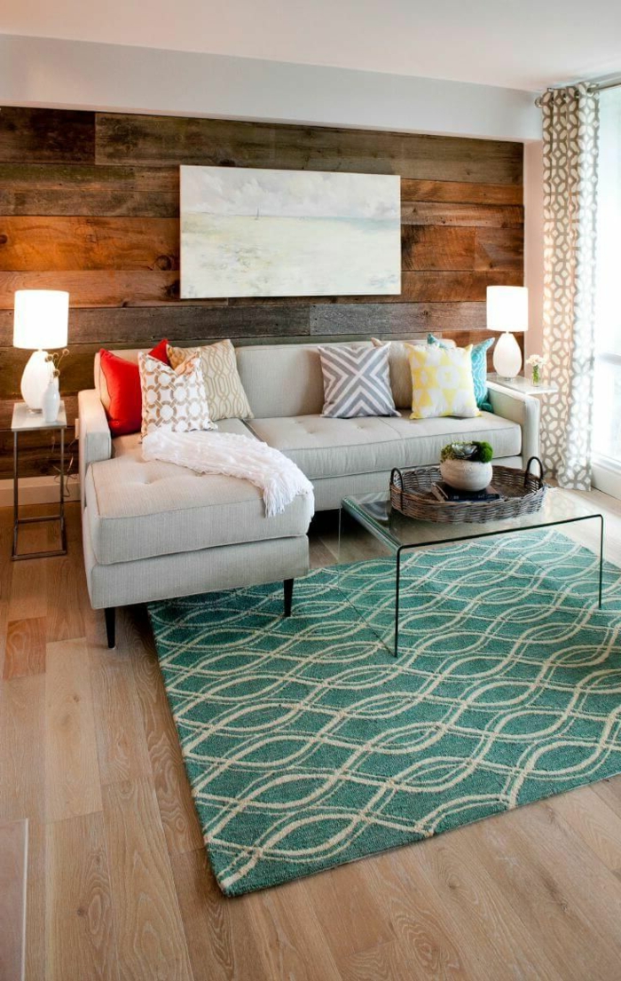 houten wandpanelen woonkamer muur ontwerp frisse tapijt vintage look