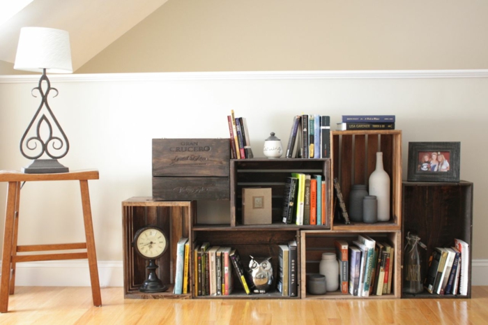 caja de madera diy ideas estantes sala de estar