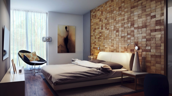 paneles de madera dormitorio diseño de pared cómodo sillón