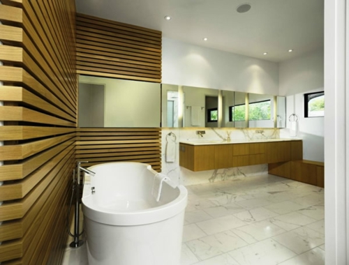 木制面板浴缸镜面间接照明瓷砖地板