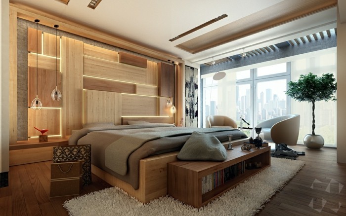 дървени стени горски идеи спалня вградени светлини
