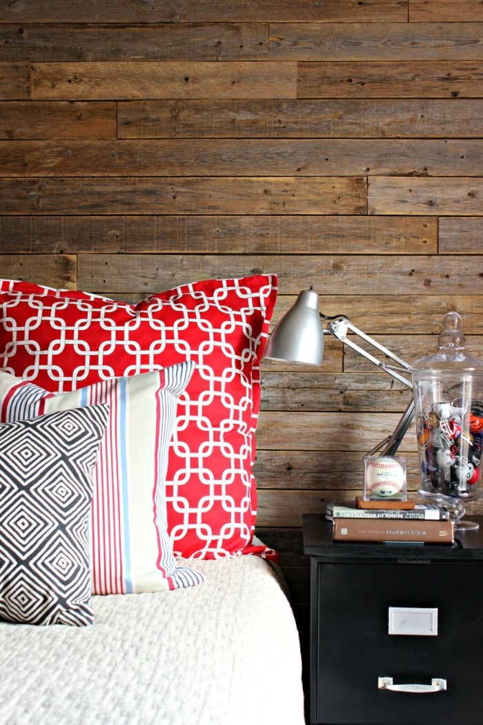 dřevěné stěny lesní ložnice nápady kontrasty