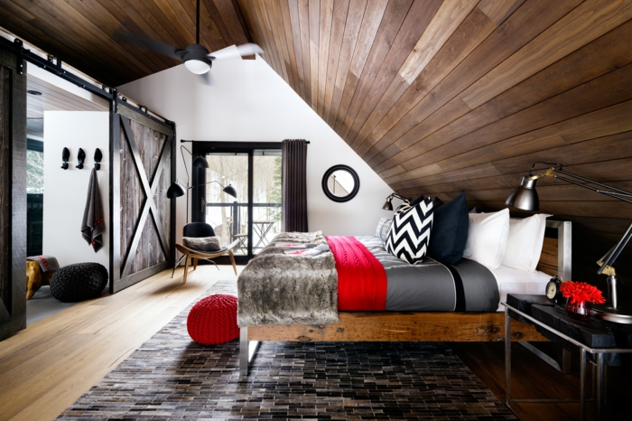 أفكار لتصميم السقف غرفة النوم الخشبية يتوهم السجاد عناصر خشبية