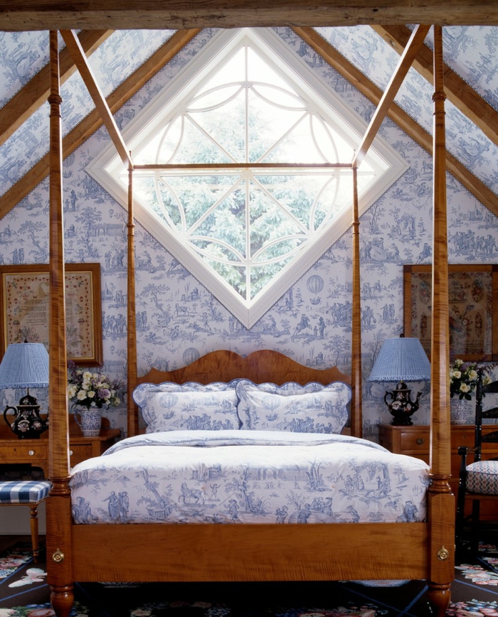 ideeën voor slaapkamer plafond ontwerp behang houten balken