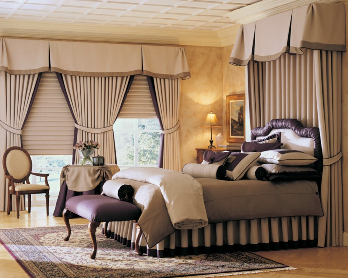 ideeën voor slaapkamer plafond design trims raam lange gordijnen slaapkamer bankje