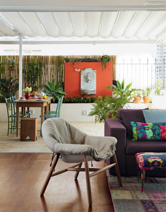 Idėjos, skirtos terasos dizainui, apsauga nuo saulės nuo bambuko valgomojo kambario augalų
