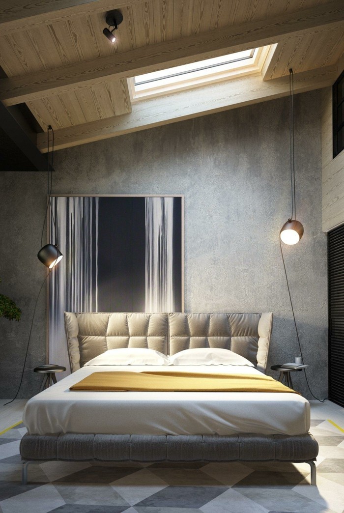 idėjos sienų dizainui miegamasis betono sienų geometrinis kilimas