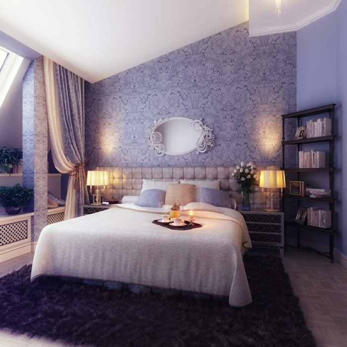 идеи за стена дизайн спалня украсяват тапет лилав килим