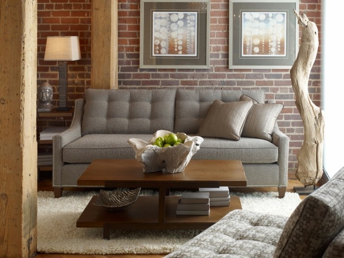 nápady pro zdi design obývací pokoj nastavit cihlové zdi dřevo akcenty