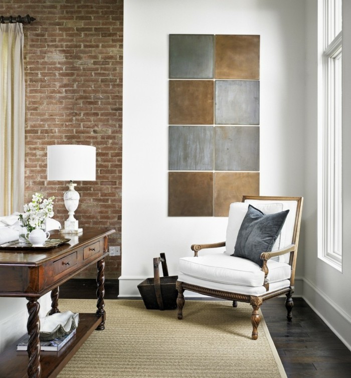nápady na stěnu design obývací pokoj cihlová zeď dekorace sisal koberec