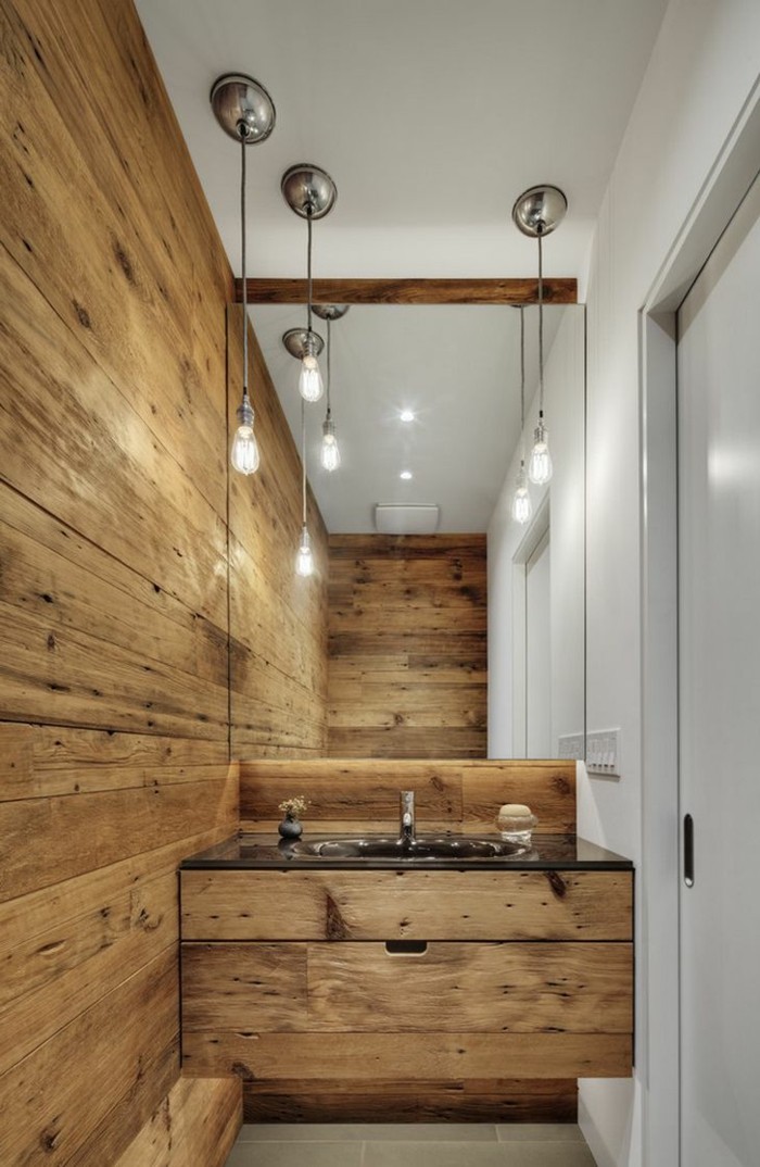 Ideeën voor het rustieke houten wandbekleding van de badkamer met hout