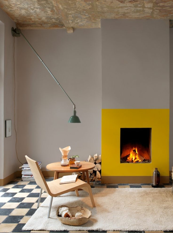 Ideas for wall design with color wall paint gray yellow fireplace