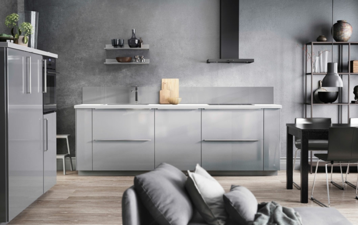 ikea kitchens diseño moderno light grey glossy frets open shelves