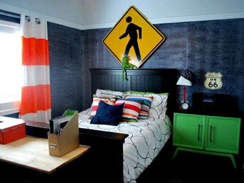 βιομηχανικό τοίχο κρεβάτι σχεδιασμό μαύρο κεφαλάρι στυλ δωμάτιο νεολαίας