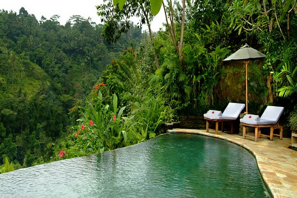 piscine à débordement bali forêt paysage munis villa