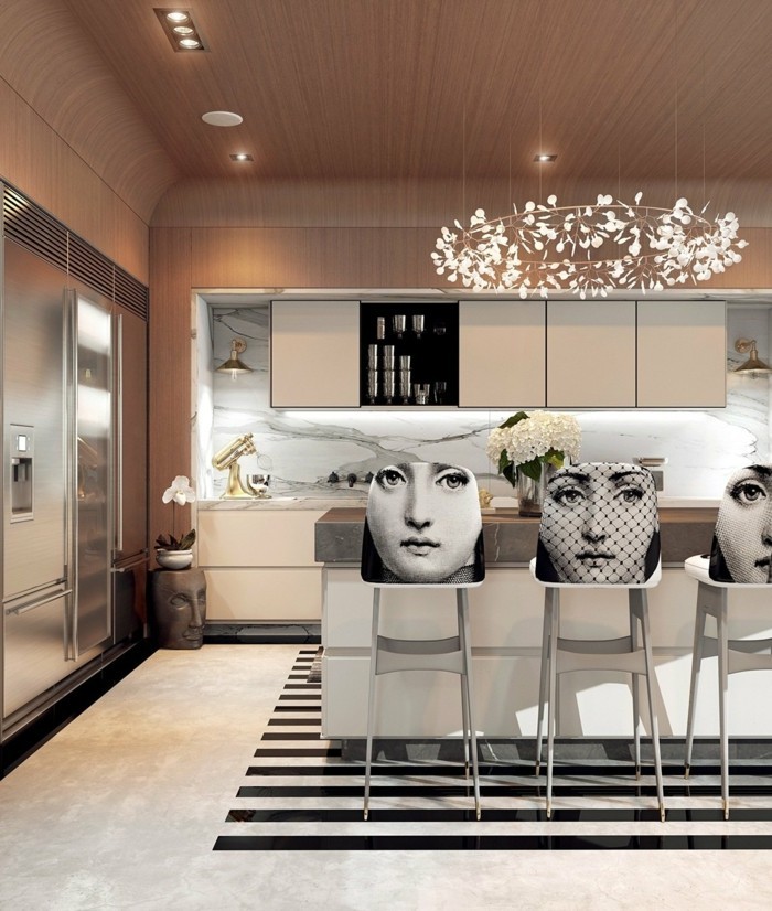diseño de interiores área de comedor cocina tira de alfombra art deco sofás de bar de lujo