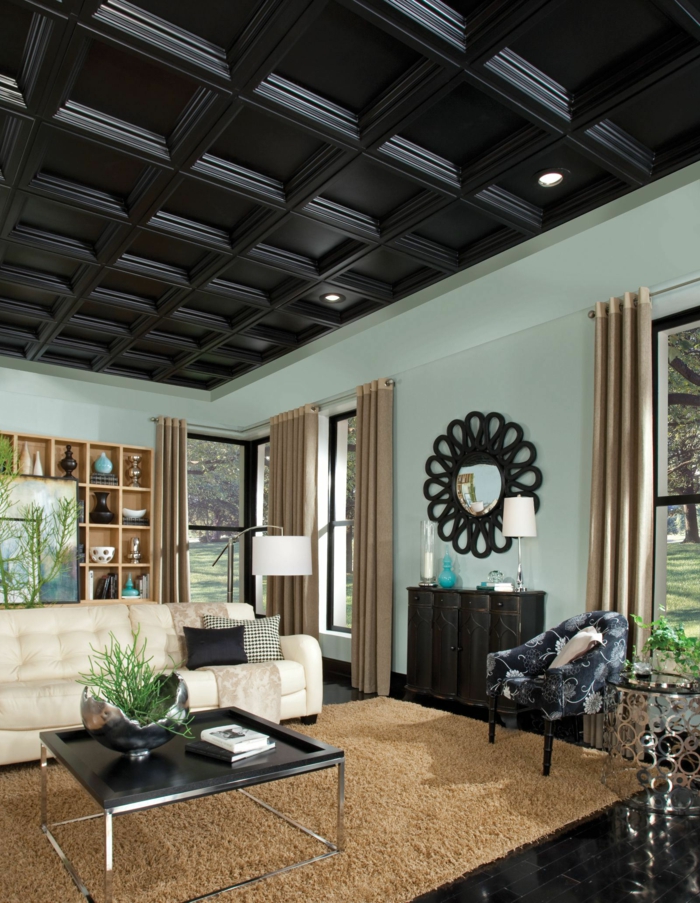 idées de design d'intérieur coffered plafond salon beige tapis