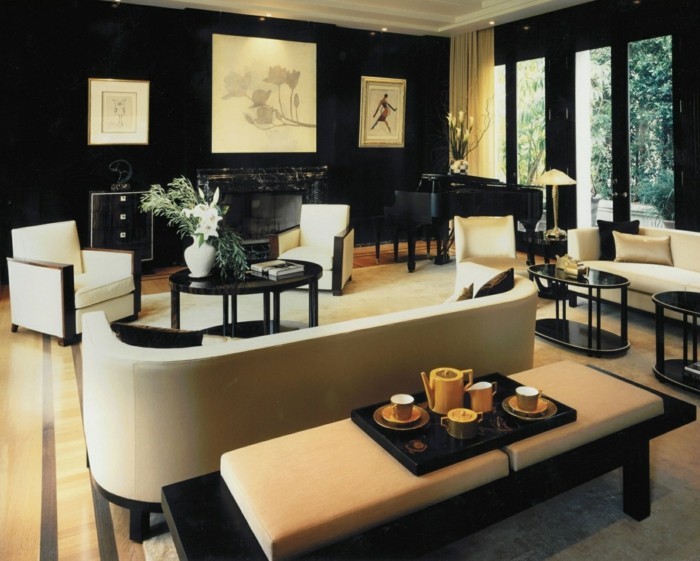 ideas de diseño de interiores muebles elegantes paredes negras art deco