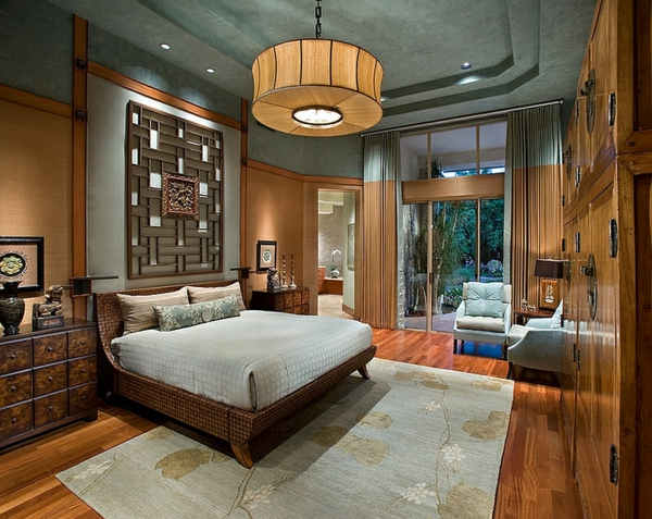 интериорен дизайн ориенталска спалня полилей легло килим