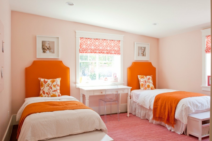 الداخلية أفكار تصميم المنزل غرفة الاطفال البرتقالي السرير الألواح الأمامية فتاة