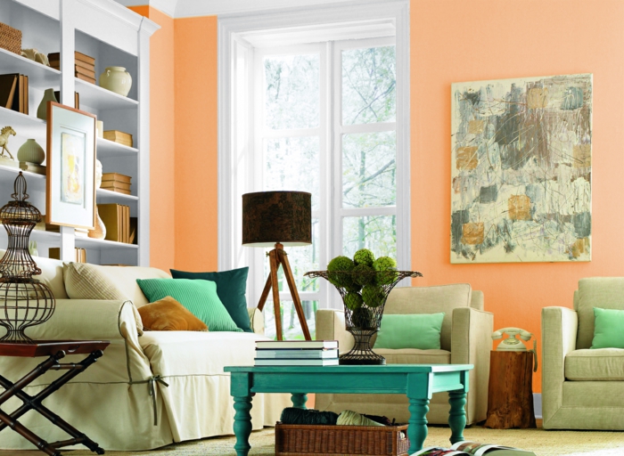interiérový design bydlení nápady obývací pokoj světlé stěny oranžová světlo zelený nábytek