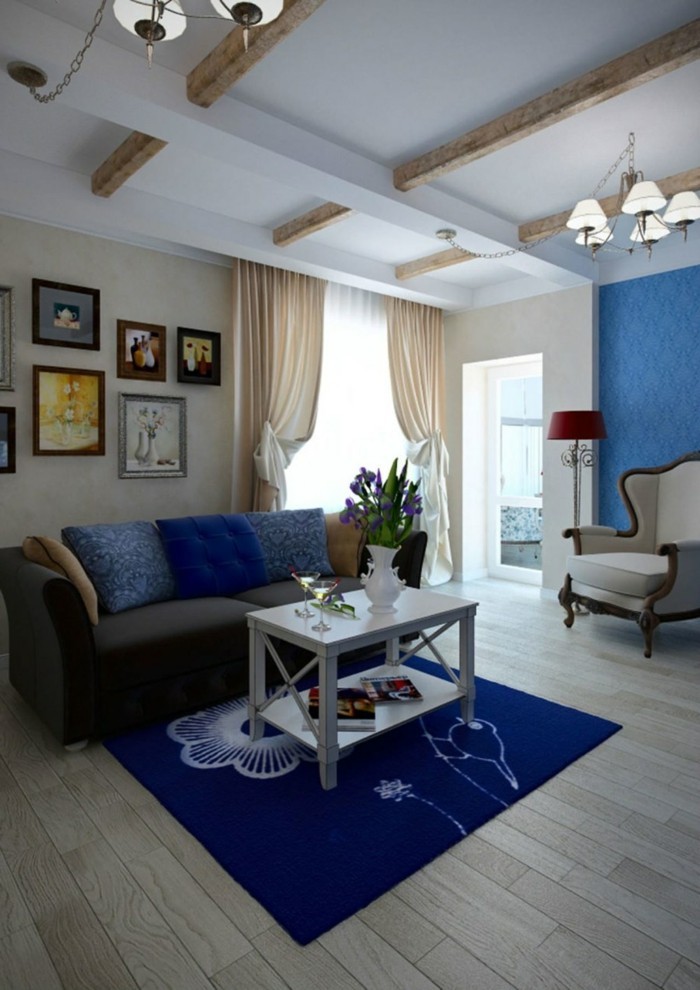 Interior de design cameră de zi albastru covor florale design parchet