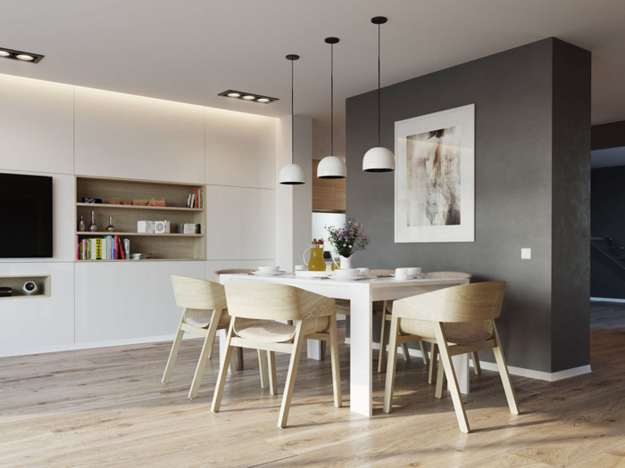 interior design sufragerie amenajat mobilier din lemn gri accent perete