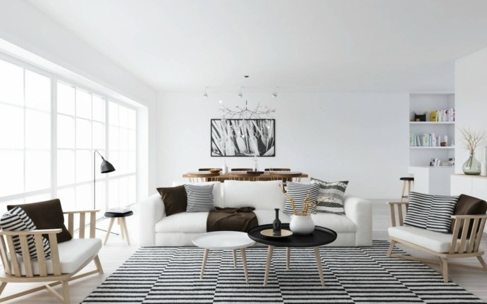 интериорна декорация скандинавско обзавеждане стил ивица килим трапезария площ жилищна площ
