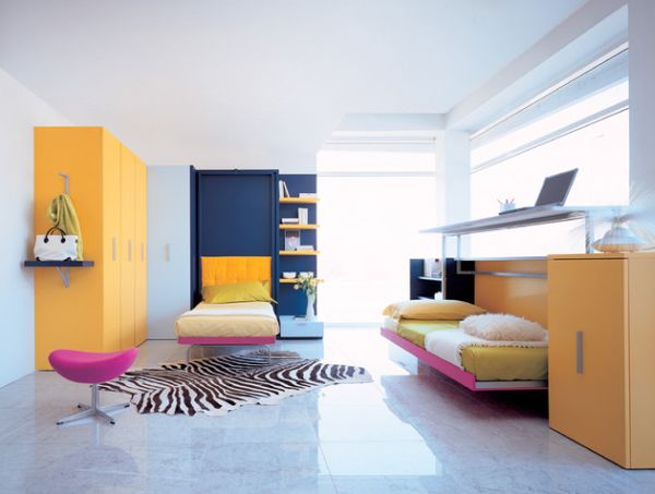 Diseños inteligentes con cama individual abatible en color rosa y amarillo