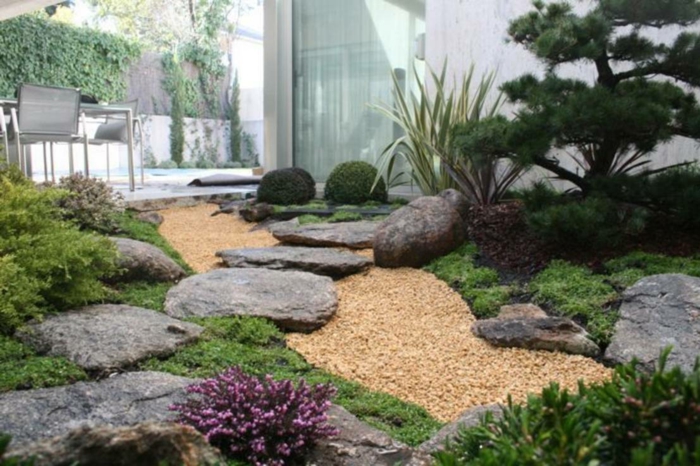 Ιαπωνική αυλή κήπου πέτρινες πλάκες φυσικές πέτρες βότσαλα κωνοφόρα