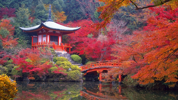 Ιαπωνικό πάρκο δάσος φθινοπωρινό ασιατικό αρχιτεκτονικό ναό