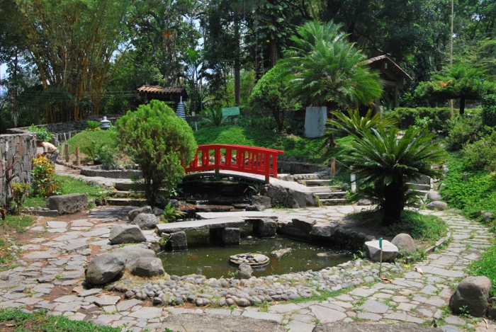 σχεδιασμός Ιαπωνικός κήπος φυσικές πέτρες πέτρινες πλάκες φοίνικα κωνοφόρα κήπο λίμνη κόκκινη γέφυρα