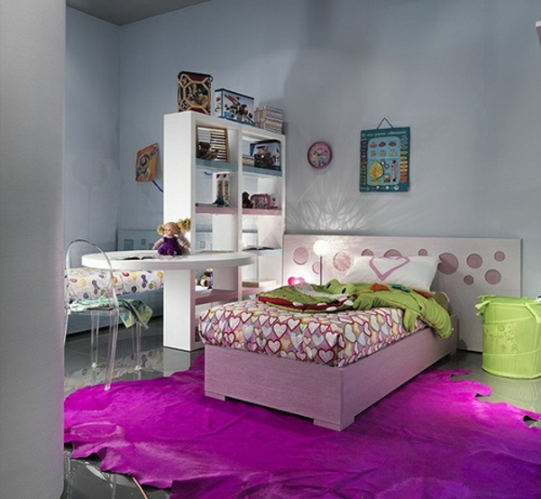 أفكار تصميم غرفة الشباب السجاد الأرجواني السرير اللوح الأمامي الجميل