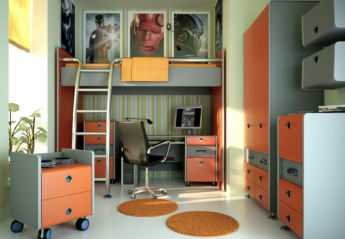 jeugdkamer design oranje kleed grijze kleurenschema