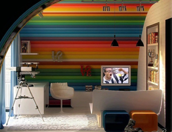 ungdomsrum design ideer regnbue væg dekoration tv