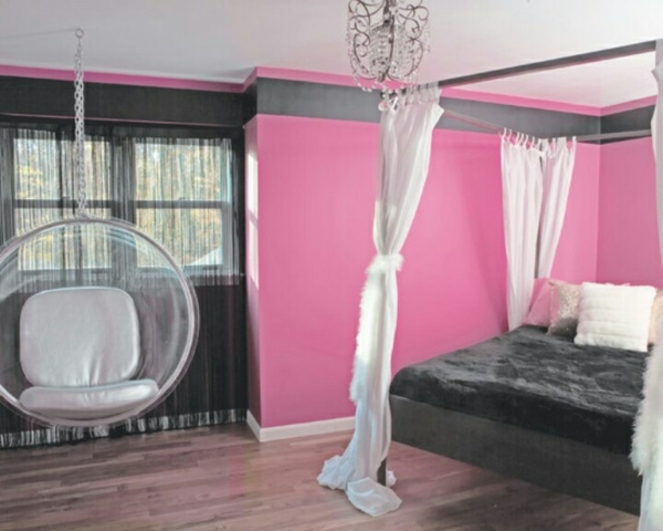 idées de conception de salle de la jeunesse mur rose peinture lit noir