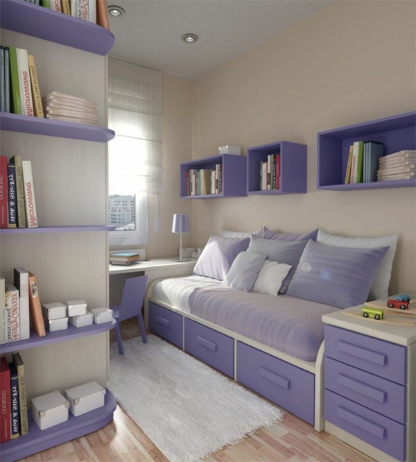 jaunimo kambario dizaino idėjos stilingas dekoras violetinės sienų dėžutėse