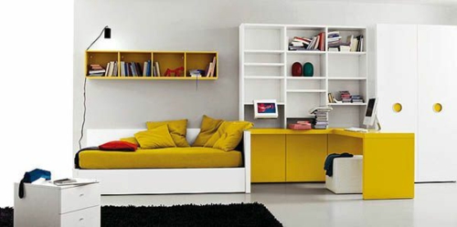 youth room decorating ideas bedding wall shelves desk yellow