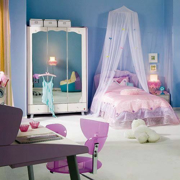 youth room set up purple bed with canopy cupboard mirror pink