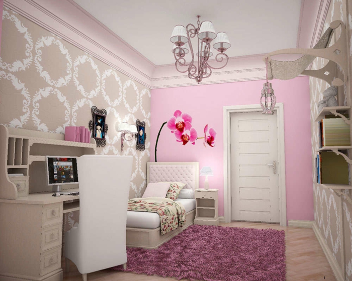 青年房间装饰女孩粉红色地毯粉红色口音墙