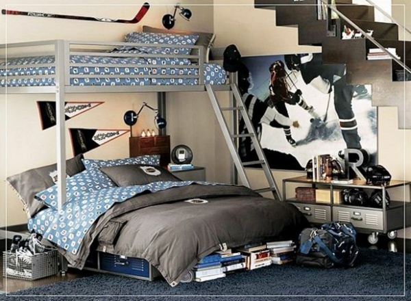 غرفة الشباب تأثيث الأفكار سرير بطابقين رمادي أزرق